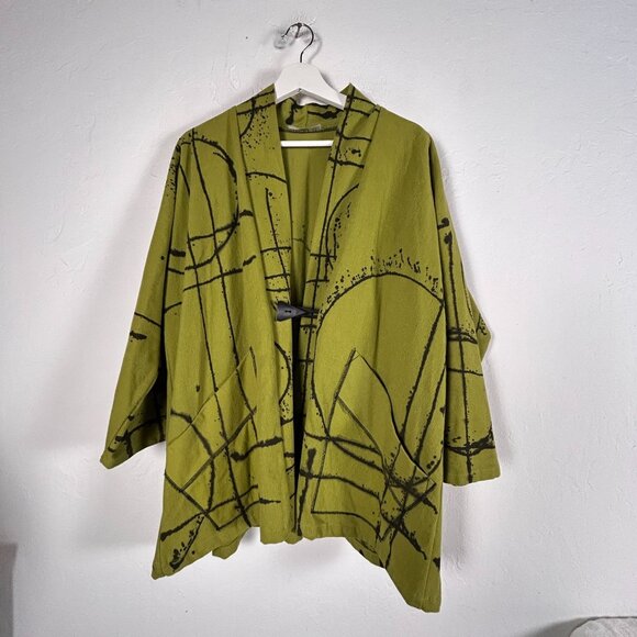 Monika Astara Womens Handmade Abstract Kimono Cardigan Jacket Olive Green Medium - Picture 1 of 8